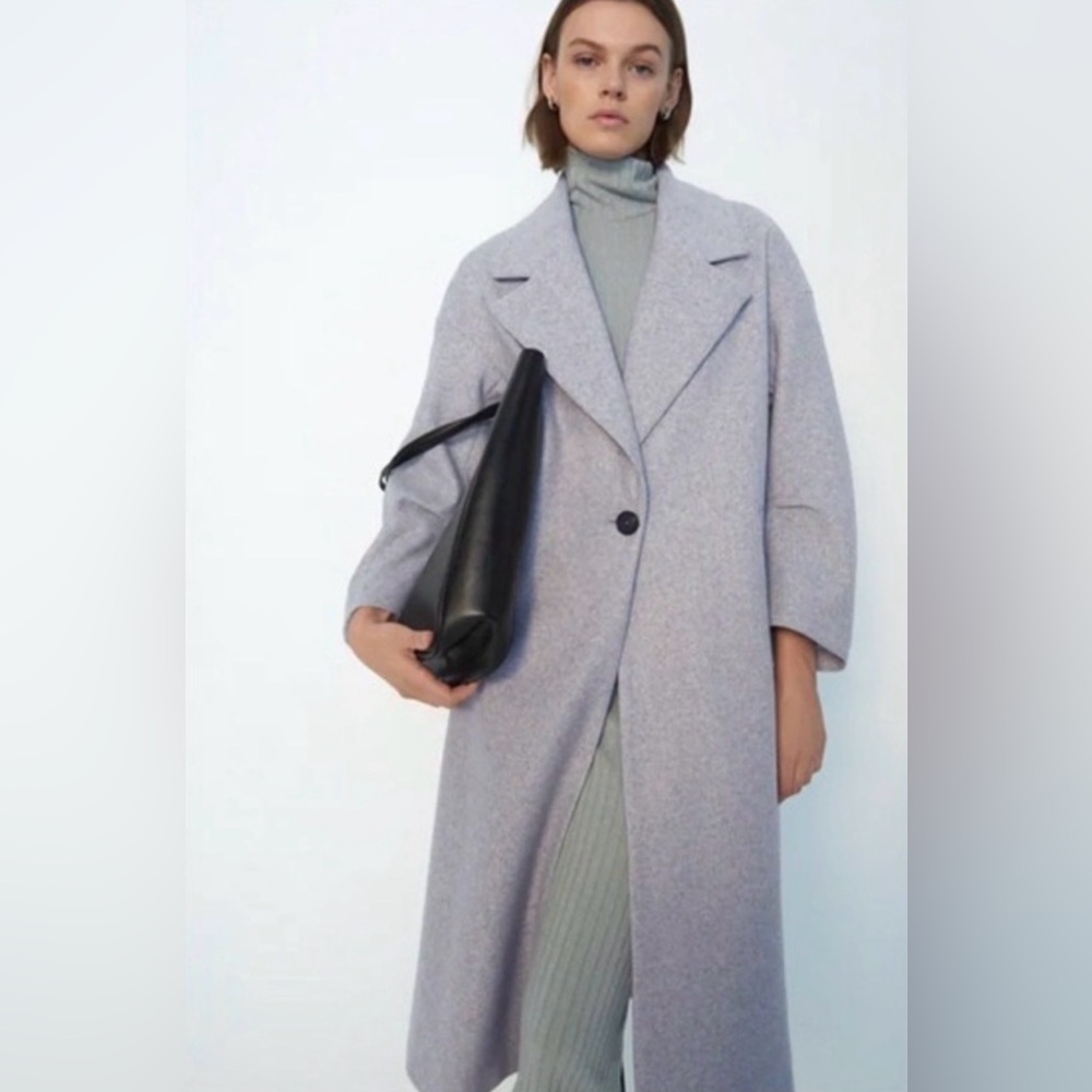 Zara blogger favorite long grey wool blend trench overcoat single button closure